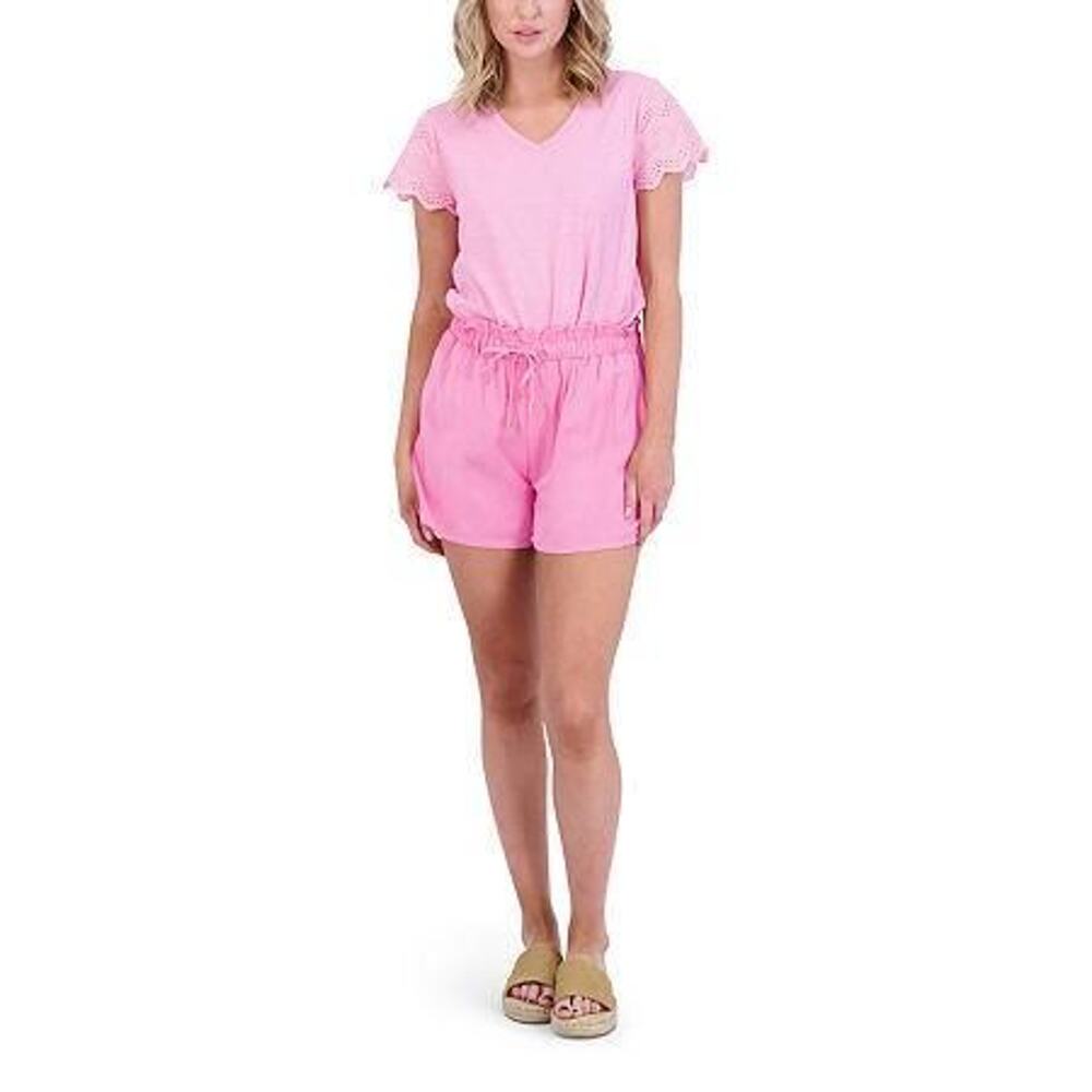 Stella Parker Women's Blouse - Pink Sorbet Eyelet-Sleeve V-Neck Top